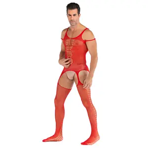 New style men bodysuit sleeveless red open crotch men sexy lingerie body stocking