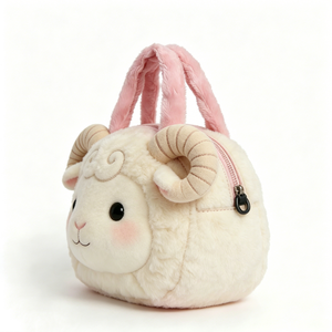 Customized Cream White Sheep Plush Handbag, Fluffy Ram Horn Tote Bag with <b>Pink</b> Fuzzy Handles, Cute Sheep <b>Purse</b> for Kids - Product Image 1