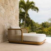 Moderner Outdoor-Teakholz-Sessel mit Seilgeflecht-Detail, Luxuriöser Garten-Loungesessel mit Wasserfestem Kissen für Villa und Poolbereich