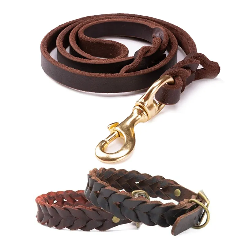 Fabricante Atacado Couro De Tração Corda Dog Oil Leather Pastor Alemão Greyhound Dog Chain Collar Pet Leash conjunto