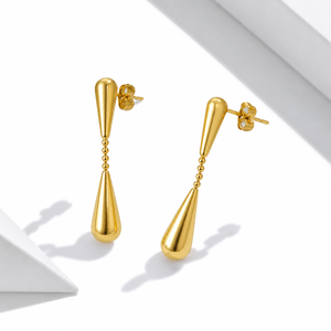 Boucles d'oreilles doubles en forme de goutte d'eau en acier inoxydable plaqué or 14 carats avec chaîne à billes et fermoir à tige de 40 mm, bijoux pour femmes - Product Image 1