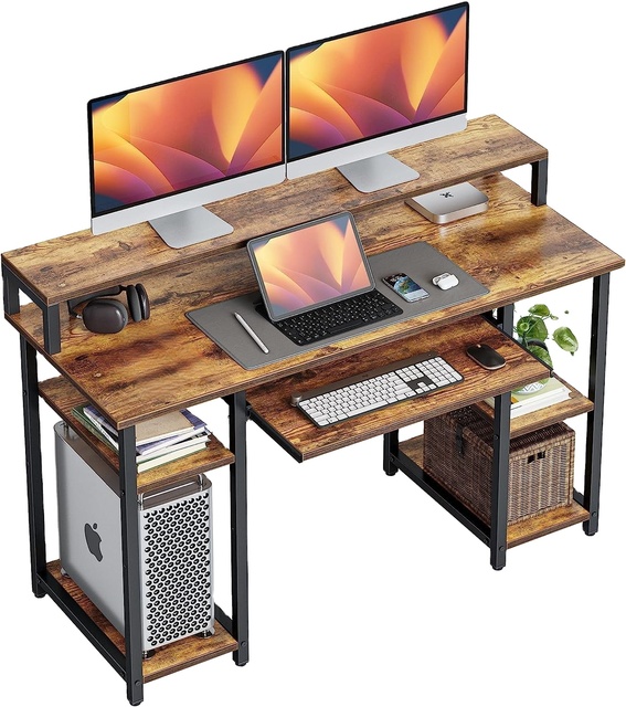 Modern Computer Desk with Keyboard Tray 47 Inch Office Desk with Monitor Stand and Storage Shelves Music Studio Workstation Desk