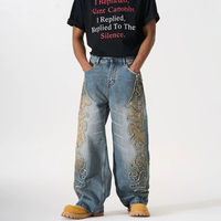 Jean Américain Rétro Haut de Gamme pour Homme, en Denim Épais, Effet Vieilli, Délavé, avec Patchwork Brodé et Détails Effilochés, Coupe Droite à Jambe Large Tendance