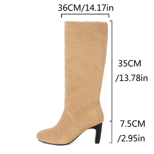 Bottes hautes en fourrure pour femmes, grande taille 44, talons épais mi-hauts, chaussures d'hiver à bout carré, bottines longues - Product Image 6