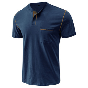 2024 verano transfronterizo europeo americano hombres manga corta sólido Anti-pilling cuello en V Regular Fit poliéster/algodón Henry camisa - Product Image 2