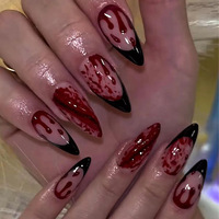 Faux ongles courts en amande à presser pour Halloween, motif sang rouge, fantôme, chauve-souris, citrouille, toile d'araignée, feuille d'érable, réutilisables