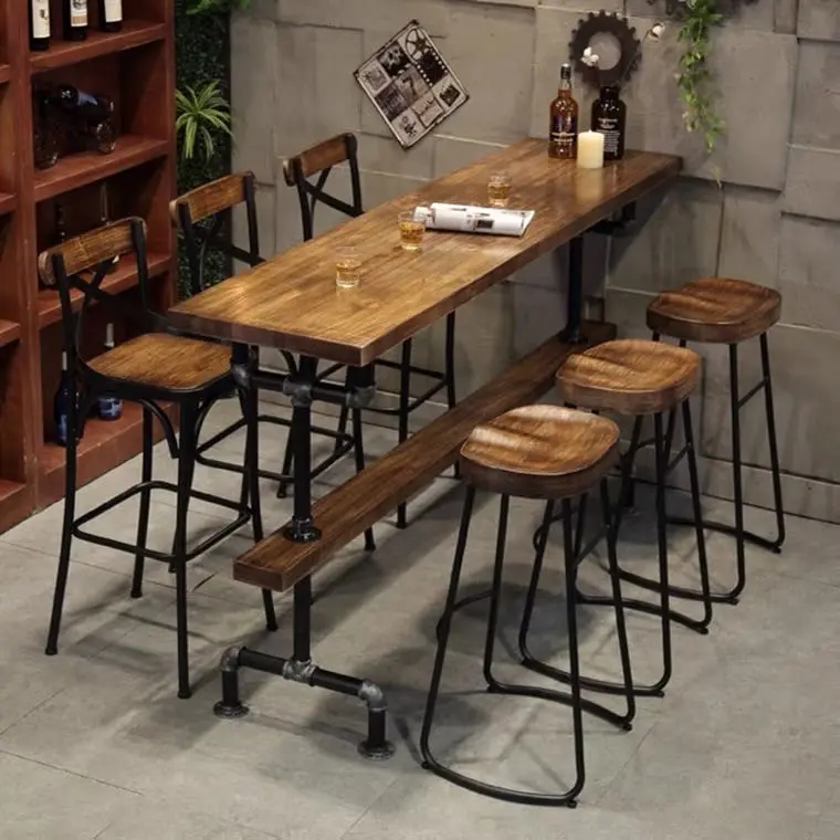 Industriële Stijl Massief Hout Lange Bar Tafel Commerciële Koffie Melk Thee Winkel Bar Tegen De Muur Venster Hoge Tafel Stoelen