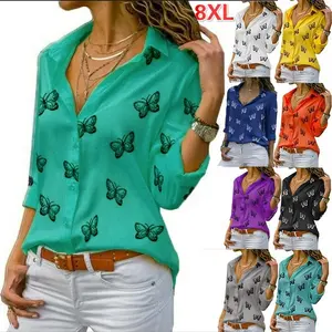 Многоцветная Свободная рубашка с принтом бабочки с лацканами платье шифоновая блузка