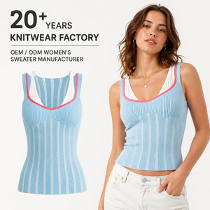 Women Fashion Sweaters Blue Striped Knit Vest Patchwork Sleeveless Breathable Casual Autumn Fashion Top OEM ODM