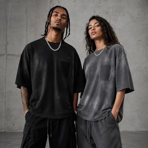 Chemise Homme Manches Courtes Tricotée Oversize Style Vintage Street Rétro Imprimé Poches Déchirées Effet Vieilli Lavé 100% Coton - Product Image 2