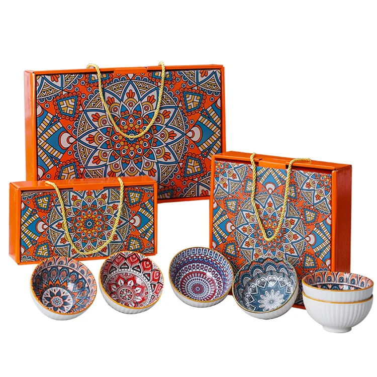 Xách Tay Thân Thiện Với Môi 4.5 Inch Sứ Bát Canh Đặt Cấp Thực Phẩm Bát Gạo Hộp Quà Tặng Bohemian Phong Cách Bát Gốm Đặt Cho Trái Cây