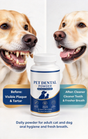Poudre dentaire naturelle OEM pour animaux de compagnie, pour une haleine fraîche, nettoyant pour les dents, probiotique, complément d'hygiène buccale pour chats et chiens adultes