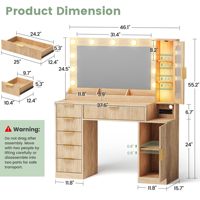 Coiffeuse à miroir et éclairage intégrés, plateau en verre, 48 pouces, en bois, avec station de charge