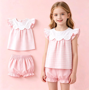 Ensemble de 2 pièces pour enfants, t-shirt à bords festonnés en coton et élasthanne à imprimé écossais rose décontracté d'été et shorty, tenues assorties pour sœurs - Product Image 1