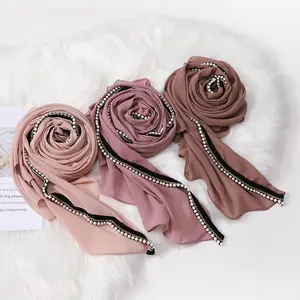 Fashion Malay Tudung Bawal Chiffon Hijab Lace Pearl Border Design Headscarf Muslim Women Pure Color Hijab Scarf