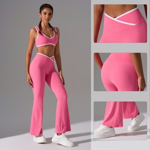 Pantalones de yoga ajustados con logotipo personalizado al por mayor pantalones acampanados de pierna ancha de talle alto microcruzados Pantalones deportivos para <span class=keywords><strong>mujer</strong></span> - Product Image 2