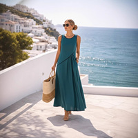 Robe longue sans manches pour femme, coupe trapèze, col rond, panneau contrastant, poche latérale, robe longue de resort