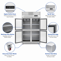 Congélateur vertical commercial à 4 portes, 1000 L, en acier inoxydable, refroidi par air, avec compresseur Embraco