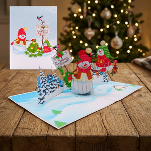 Tarjeta desplegable de muñeco de nieve, tarjeta desplegable 3D de animales hecha a mano en Vietnam, tarjeta de felicitación con flores. - Product Image 4