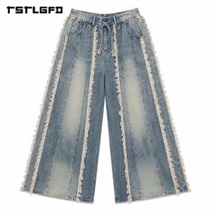 Pantalones vaqueros de pierna ancha con flecos, de tejido grueso, lavado vintage, paneles, estilo streetwear, cintura con cordón y flecos laterales, venta al por mayor - Product Image 4