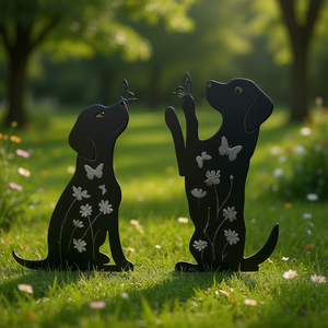 Silhouettes de chiots en métal pour jardin, décorations d'extérieur pour les amoureux des chiens, design floral adorable, style piquet décoratif - Product Image 2