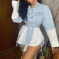 Chemise en jean pour femme, haut en Denim blanc avec ceinture, épissée, Patchwork, nouveauté 2021