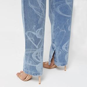 Denim <strong>Burn</strong> Out Lady High Waist Pants <strong>Laser</strong> Etching Womens Cotton Jean <strong>Laser</strong> Printing <strong>Blue</strong> Washed Straight Women Jeans - Product Image 4