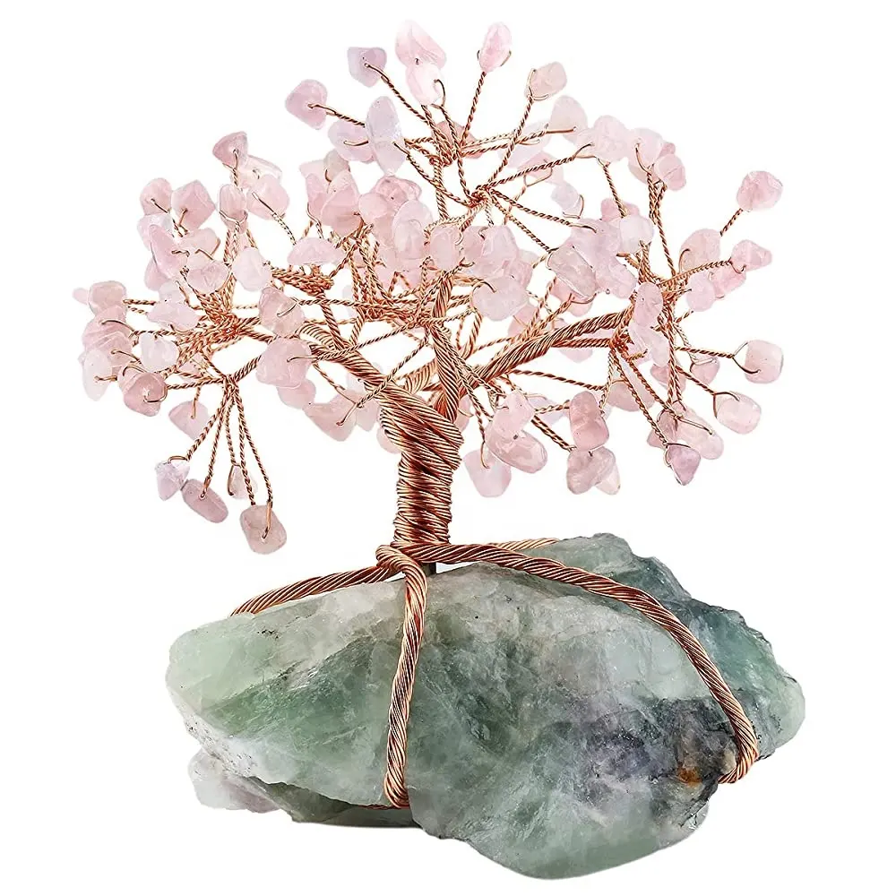Life Tree Rose Quartz Crystal Raw Crystals Fluorite Base Bonsai Money Crystal Of Life Gemstone Tree Art Decoration Gifts