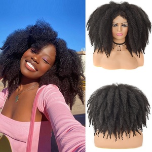 Perruques à lacet frontal en cheveux afro crépus de 14 pouces pour femmes noires africaines, tresses synthétiques Marley, perruques au crochet - Product Image 2