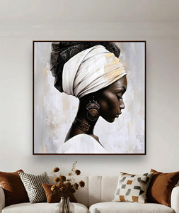 Pintura al Óleo <span class=keywords><strong>de</strong></span> Retrato <span class=keywords><strong>de</strong></span> Mujer <span class=keywords><strong>de</strong></span> Inspiración Africana con Turbante Blanco y Joyería Étnica, Arte <span class=keywords><strong>de</strong></span> Pared para Decoración Moderna del Hogar - Product Image 2