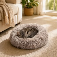 Lit pour animaux de compagnie sans assemblage, housse amovible et lavable, design coussin donut, lit doux en peluche pour chat et chien, pour chambre à coucher, utilisation en intérieur