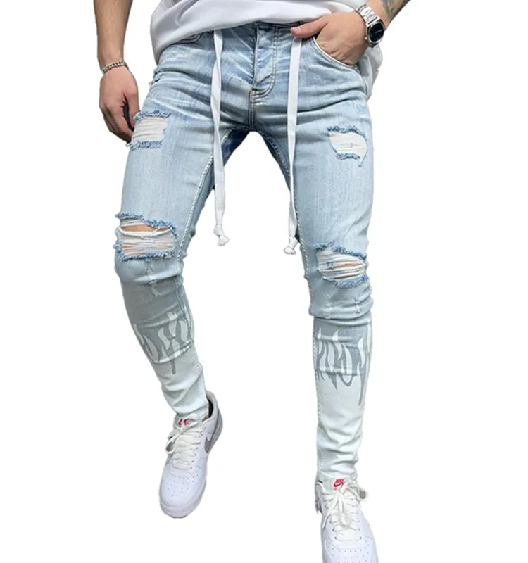 Vaqueros rasgados con estampado de llamas para hombre, jeans rasgados de diseño, listo para enviar