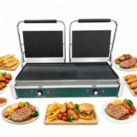 Grill de contact commercial 1800W avec plaques rainurées antiadhésives et température réglable pour café, charcuterie, food truck, préparation de sandwichs petit-déjeuner