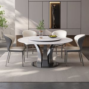 Juego de mesa y sillas de comedor Super Crystal Stone de 6 piezas con tapa redonda de mármol, estilo minimalista italiano para comedor. - Product Image 1