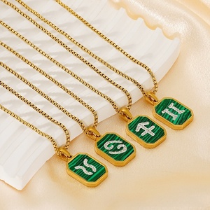 Collier zodiaque en malachite verte de luxe léger quotidien, plaqué or 18 carats, pendentif carré en acier inoxydable pour femmes, tendance, serti pavé - Product Image 1