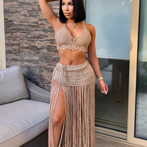 Verano nueva llegada mano ganchillo playa vestido Sexy mujer sujetador Top largo borla faldas mujeres Bikini traje de baño conjunto - Product Image 1