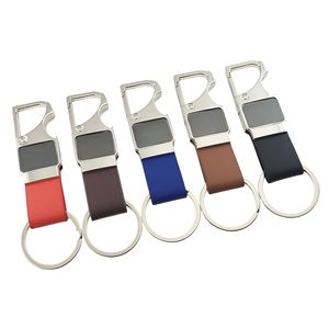 Porte-clés décapsuleur personnalisé en cuir rectangulaire durable, disponible en bleu marine, noir, marron et bordeaux - Product Image 2