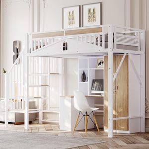 Lit mezzanine moderne avec échelle, garde-corps, cadre métallique, éléments décoratifs <span class=keywords><strong>de</strong></span> fenêtre, taille Twin XL, DNF (sans matelas) - Product Image 4