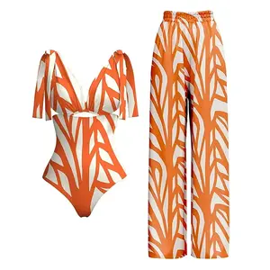 2023 new bathing suit deep V halter strap printed one-piece bathing suit for women