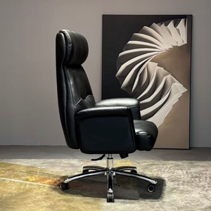 Modern Design Black Office <strong>Chair</strong> with Genuine Leather Ergonomic Adjustable Height <strong>Rotating</strong> Wheel Fixed Armrests Home Office - Product Image 4