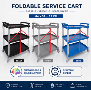 Chariot de service pliable robuste à 3 niveaux avec roues universelles, compartiments en PP, facile à déplacer, chariot de livraison alimentaire pliable avec poignée télescopique - Product Image 2