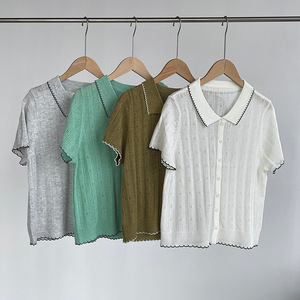 Hohlhohler Blumenhaken-<span class=keywords><strong>Cardigan</strong></span> mit kontrastfarbenem Umlegekragen, kurzärmelig, vielseitig, gestrickt, für Damen, Sommer - Product Image 2