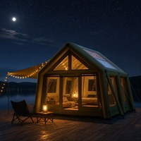 Tente Cabine Gonflable Vert Foncé 16 m² 3.2x5x2.3m avec Porte TPU, 2 Pièces, Mélange Coton 210G, Tente Gonflable pour 7-10 Personnes, Glamping Familial