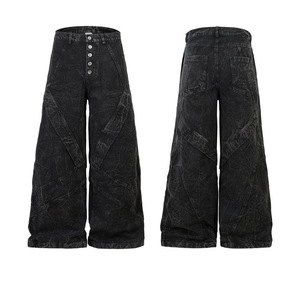 Jean en denim robuste pour homme, coupe droite ample à jambe large, délavé foncé, style industriel, automne-hiver - Product Image 3