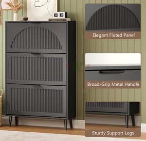 Meuble à chaussures en bois fin avec 3 tiroirs rabattables, design moderne à rainures, rangement étroit dissimulé pour couloir, entrée, salon - Product Image 5
