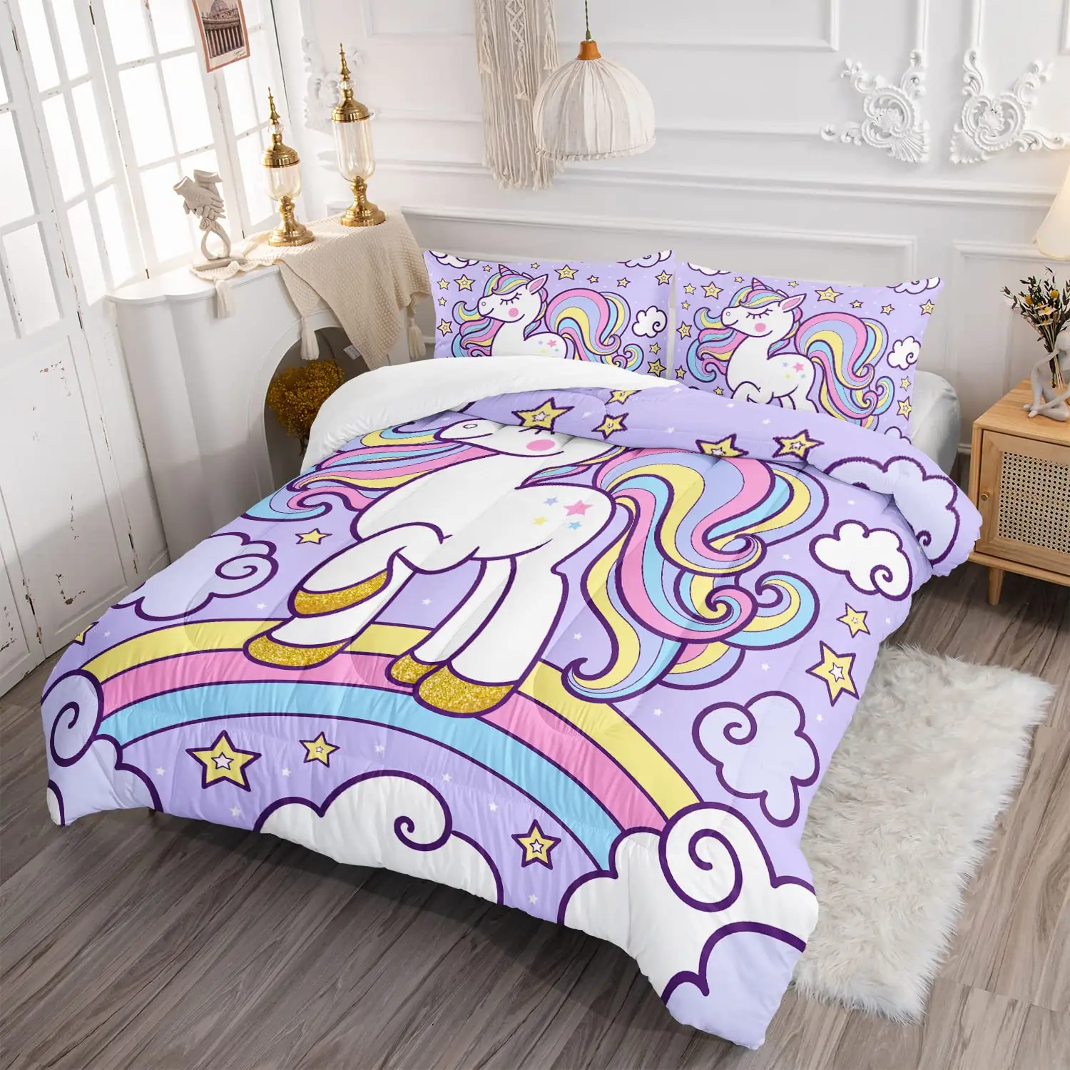 Aoyatex Conjunto de edredom de quatro estações Conjunto de cama infantil bonito com personagens de desenhos animados Rainbow Unicórnio Conjunto de lençóis de solteiro