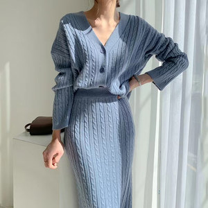 Gran oferta, moda coreana, ropa de invierno, suéter, traje, faldas largas torcidas, conjunto de suéter informal para mujer, conjuntos de dos piezas - Product Image 1
