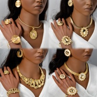Parures de Bijoux de Mariage de Dubaï Bohème Plaqué Or 14 Carats en Gros, Comprenant Bracelet, Bague, Collier et Boucles d'Oreilles pour Femme