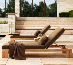 Chaise longue de jardin en teck avec coussin, dossier réglable, mobilier de patio moderne et contemporain pour jardin, piscine, terrasse - Product Image 4