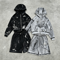 Ensemble sweat à capuche et short pour homme, style streetwear vintage, délavé à l'acide, épais, avec impression personnalisée effet éclaboussures et fermeture éclair